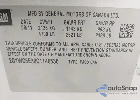 2012 Chevrolet Impala Ltz из США, поврежденный, VIN 2G1WC5E30C1140536